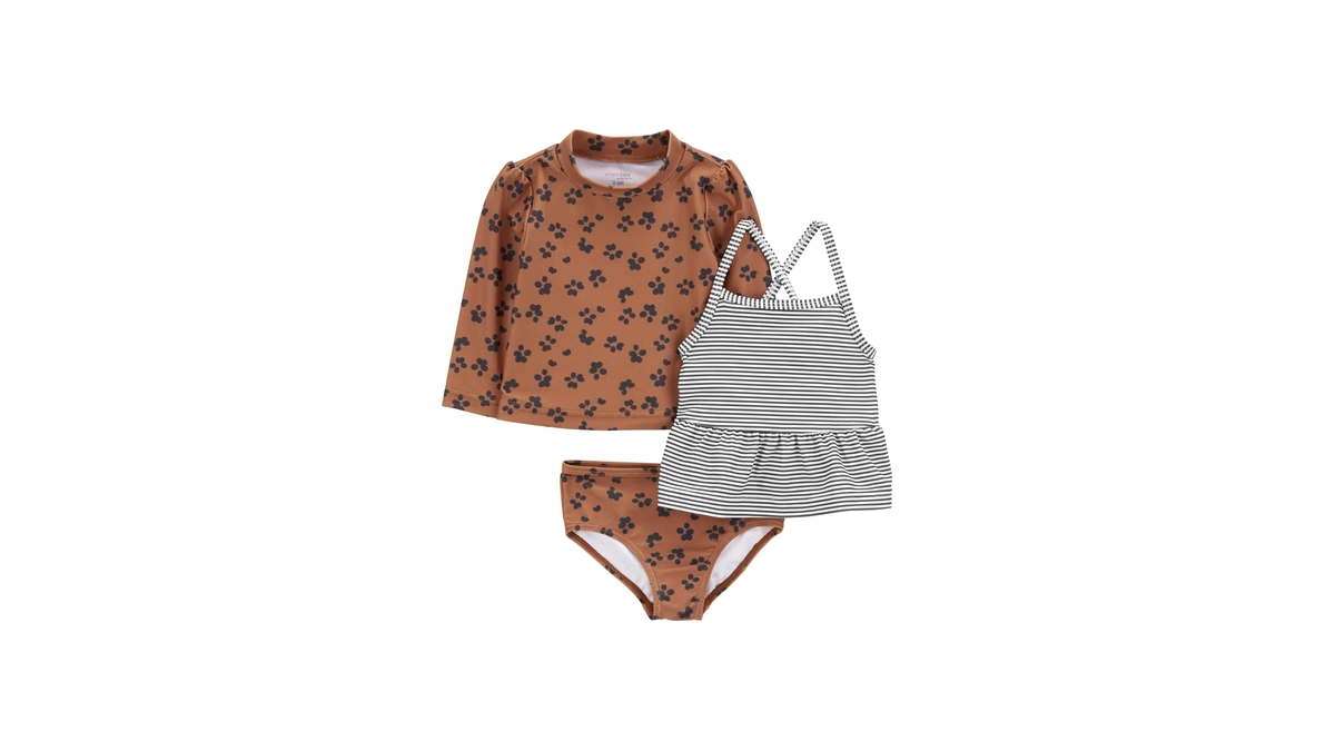 Simple Joys By Carter's Girls' 3-piece Assorted Rashguard Sets, Stripe/brown