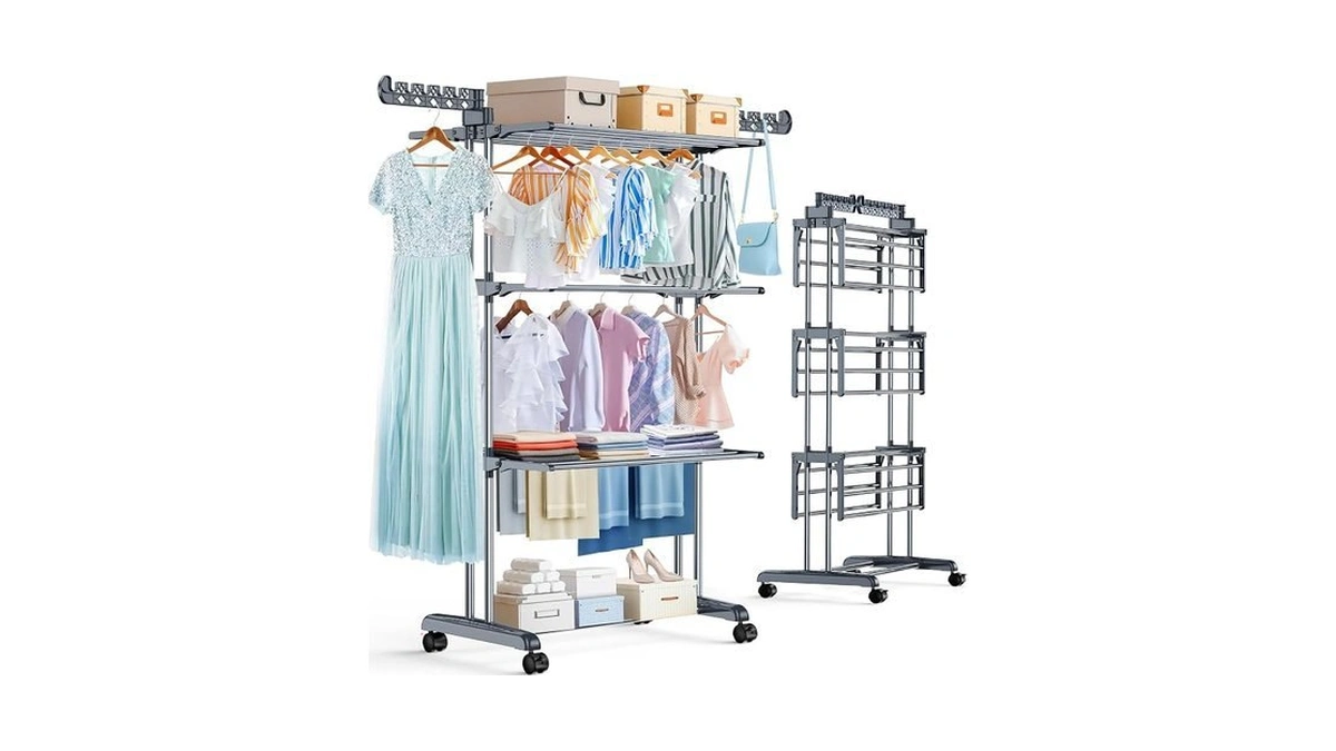 Purkeep 𝟔𝟓% 𝐎𝐅𝐅 Clothes Drying Rack With Wheels, 4 Tier