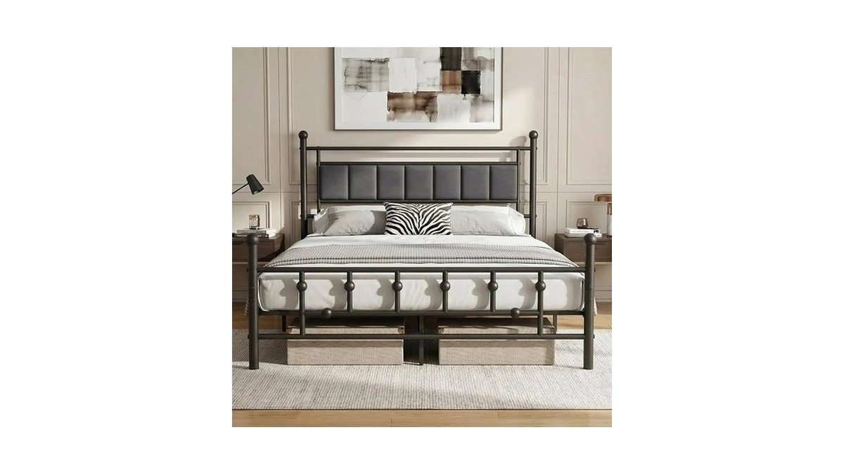 Luviyoo Queen Bed Frame With Headboard, Velvet Upholstered Platform Bed