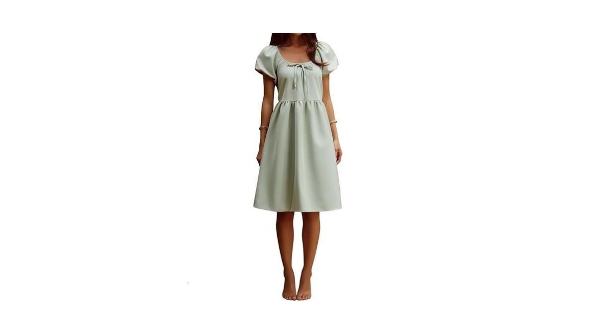 Yundai Women’s Puff Sleeve Babydoll Mini Dress Square Neck Casual