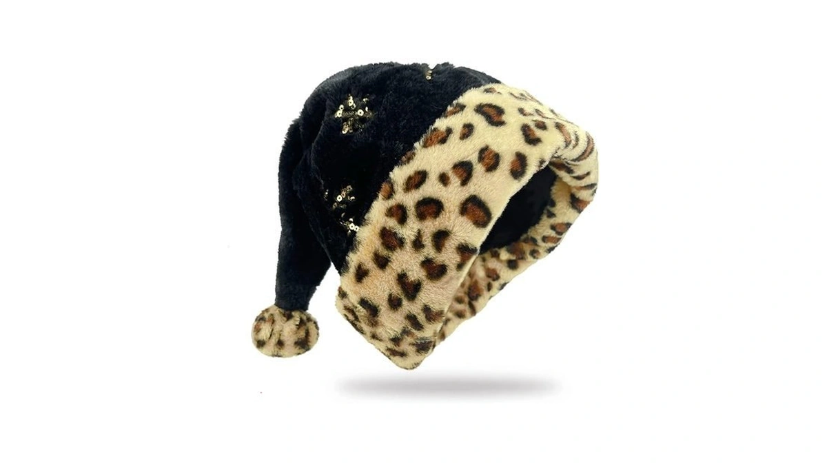 Wakdiz Black Leopard Print Santa Hat - Plush Sequin Xmas