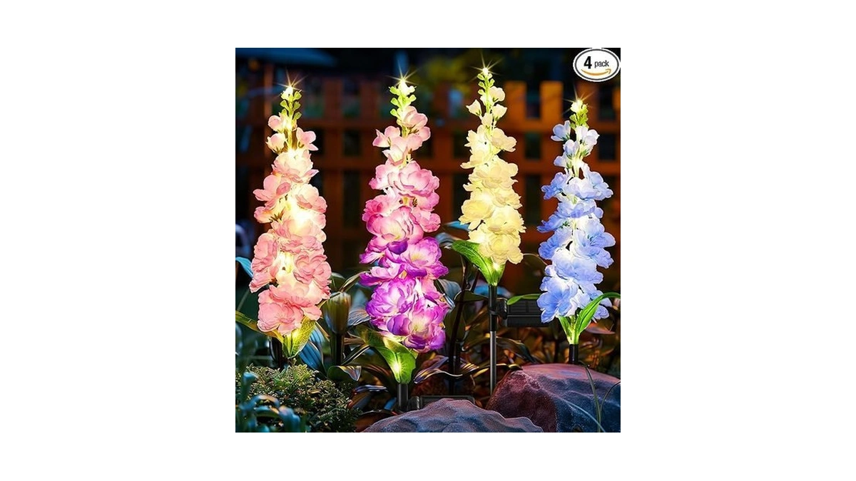 Kooper Solar Lights Outdoor Garden Decor, 4 Pack Upgraded Delphinium