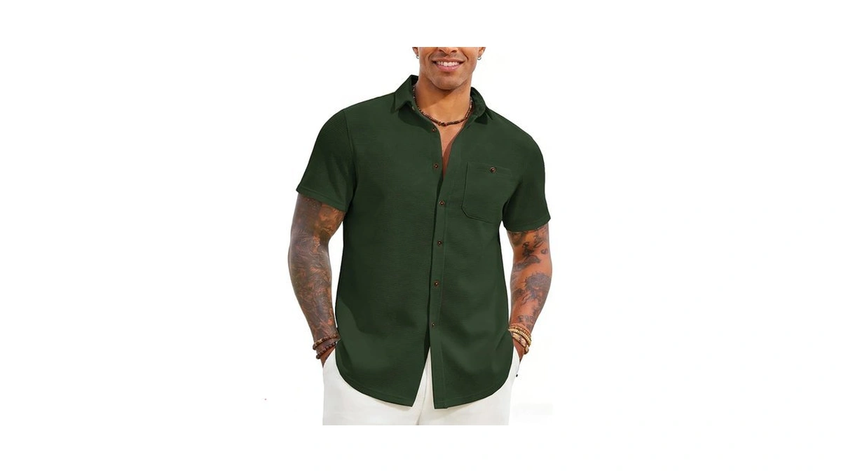 Yousify Mens Button Down Shirts Short Sleeve Waffle Knit Summer