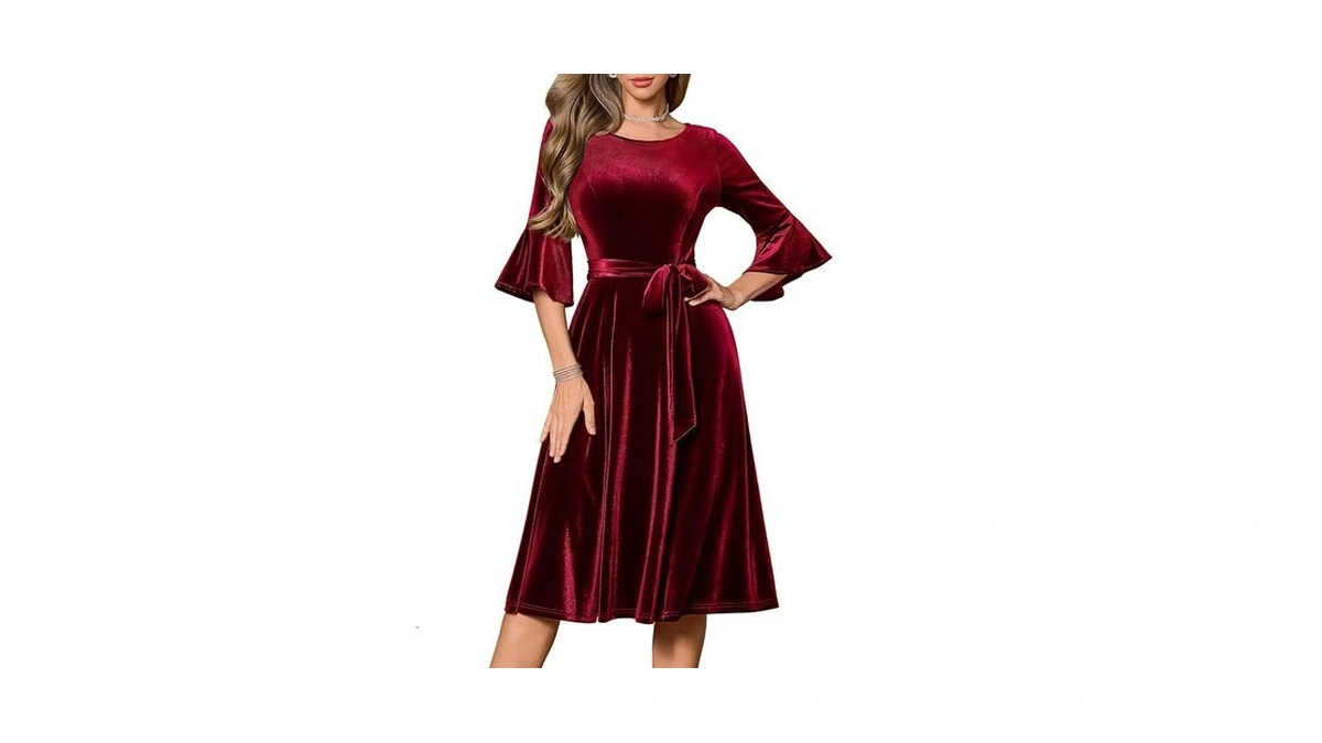 Homrain Velvet Christmas Party Dress Long Sleeve Velvet Midi Dresses