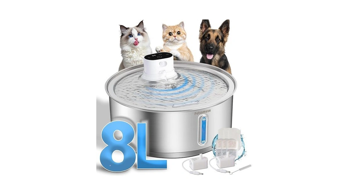 Petsamuse Wireless Dog Water Fountain, 2.1gal/8l Battery Operated Stainless Steel