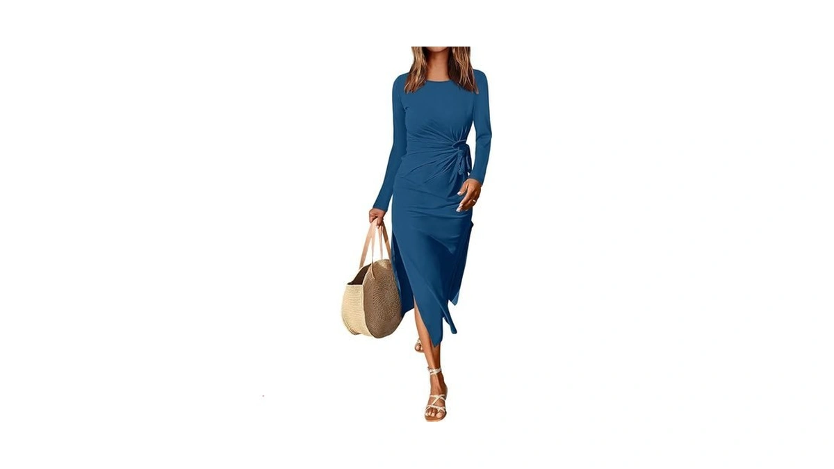 Anrabess Women's Long Sleeve Maxi Dress, Tie Waist Slim With