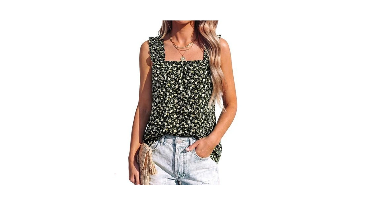 Prettygarden Sleeveless Pleated Square Neck Ruffle Sleeve Floral Tank Tops