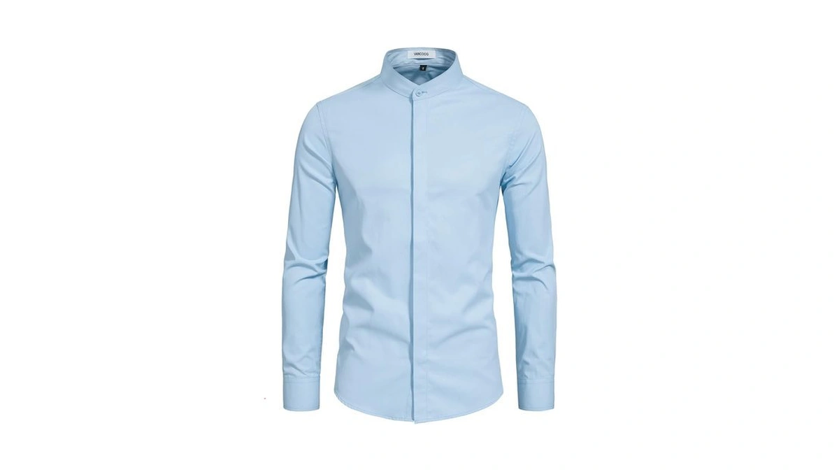 Vancoog Men's Mandarin Collar Casual Button Up Shirt, Light Blue,