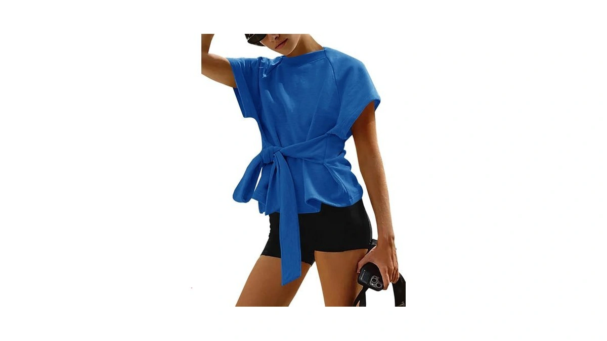 Fisoew Womens Summer Short Sleeves Tee Tops Crewneck Sweatshirt Tie