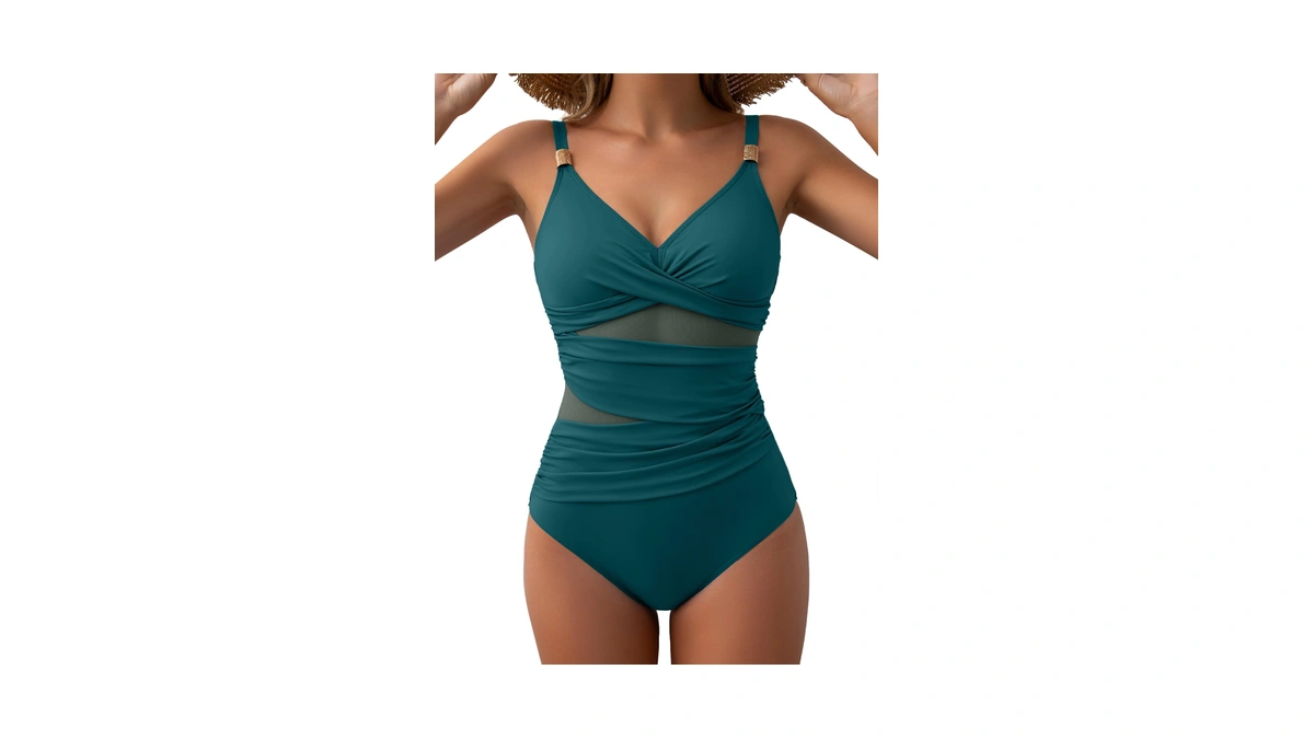 Evocrco Women's Mesh One Piece Swimsuits Tummy Control V Neck