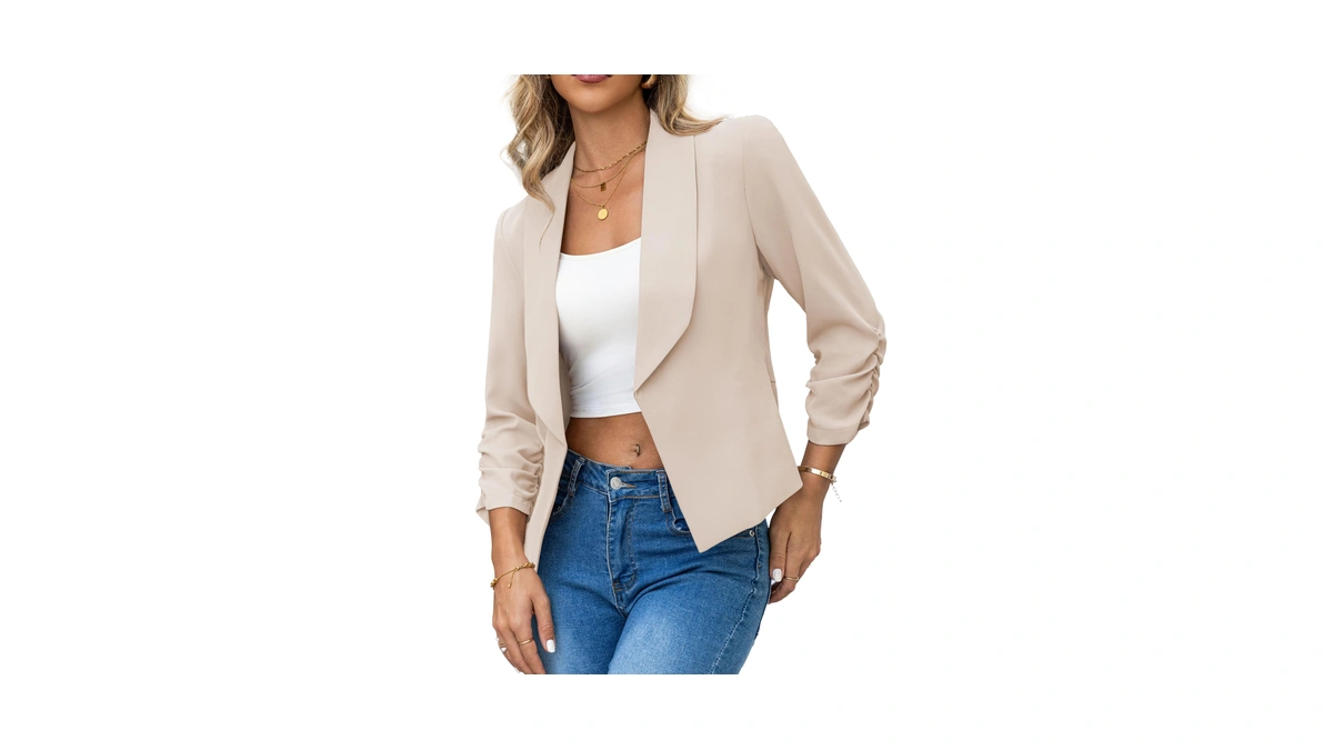 Gomamee Women's 3/4 Ruched Sleeve Cropped Blazer Business Casual Apricot