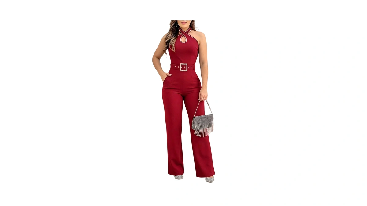 Chicme Women's Halter Jumpsuit Elegant Rhinestone Sleeveless Wide Leg Romper