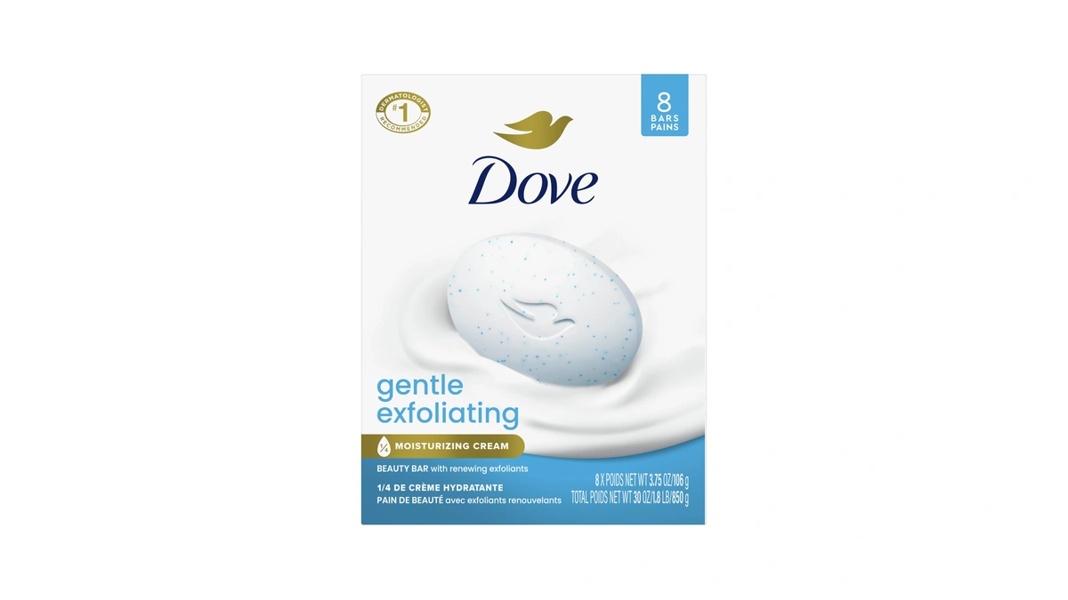 Dove Gentle Exfoliating Beauty Bar Soap 8 Count, Renewing Cleanser,
