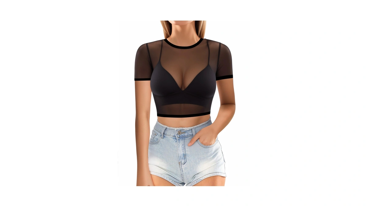 Mangopop Women's Short Sleeve Long Sleeve Sheer Mesh Crop Tops