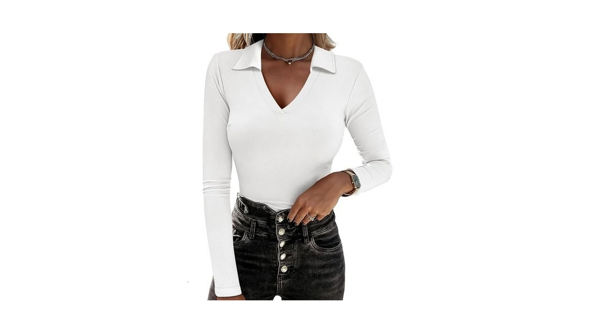 Anrabess Women Long Sleeve Polo Shirts V Neck Slim Rib
