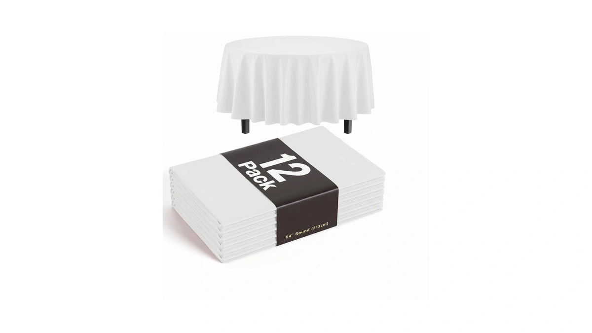 12-pack Premium Plastic Tablecloth 84in. Round Table Cover - White