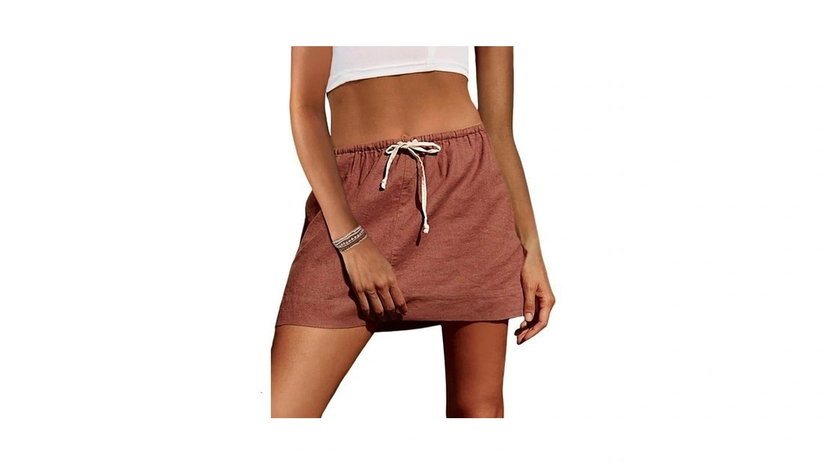 Eshesy Womens Cotton Linen Mini Skirts Summer Drawcord Waist Short
