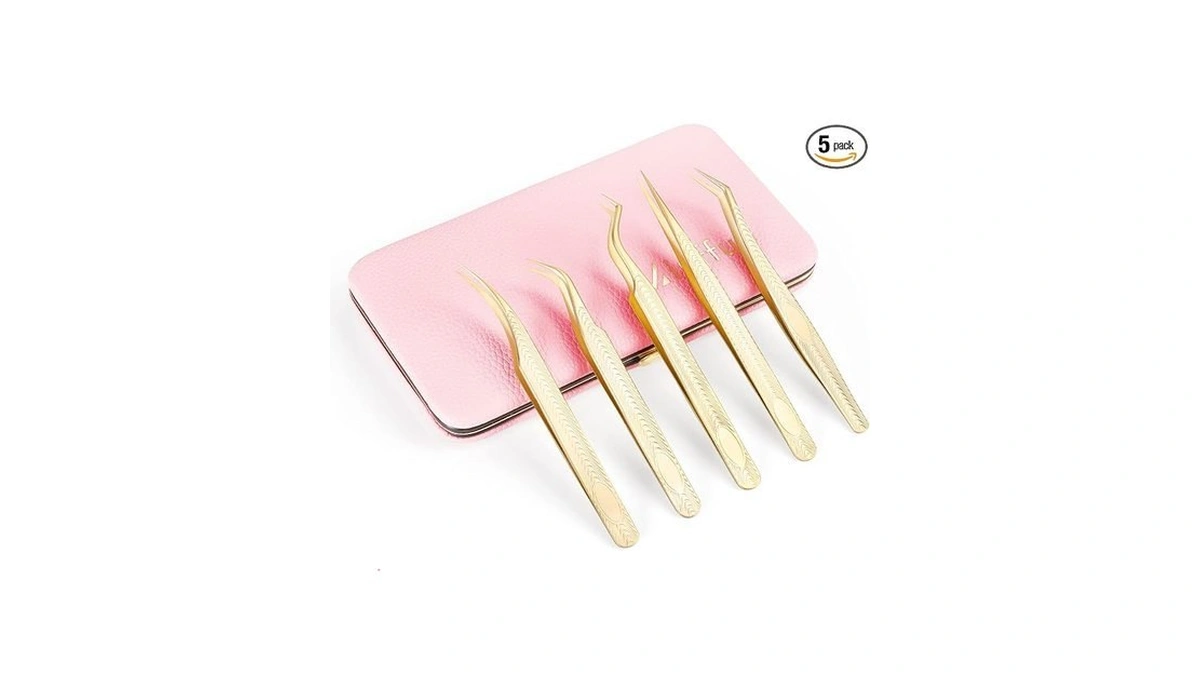 Miuffue 5 Pcs Lash Extension Tweezers Set, Stainless Steel Professional