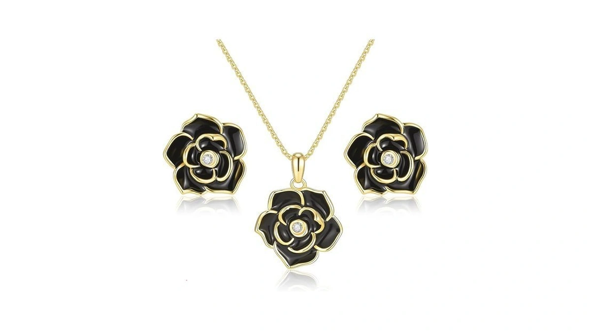 Goxygen Rose Flower Earring Necklace Set - 14k Gold Plated