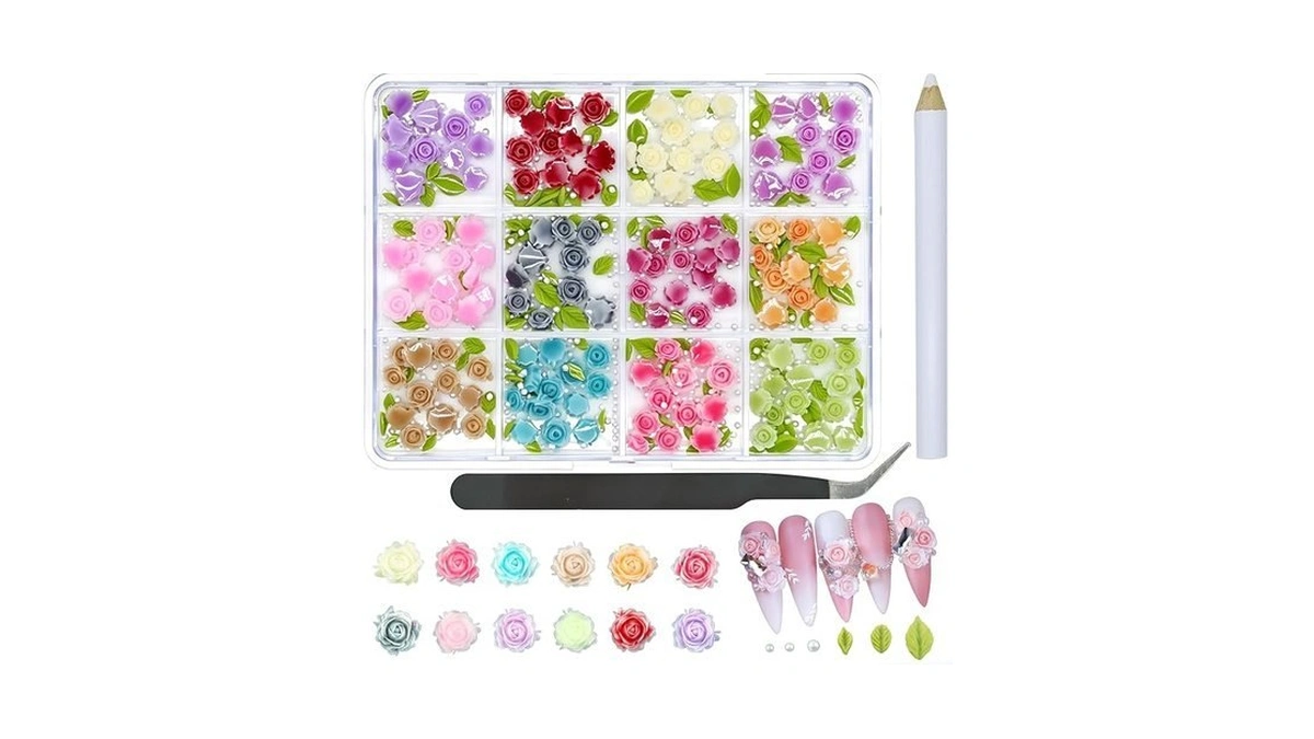 Vceow Flower Nail Art Charms,colorful Resin Rose Charms With Leaves