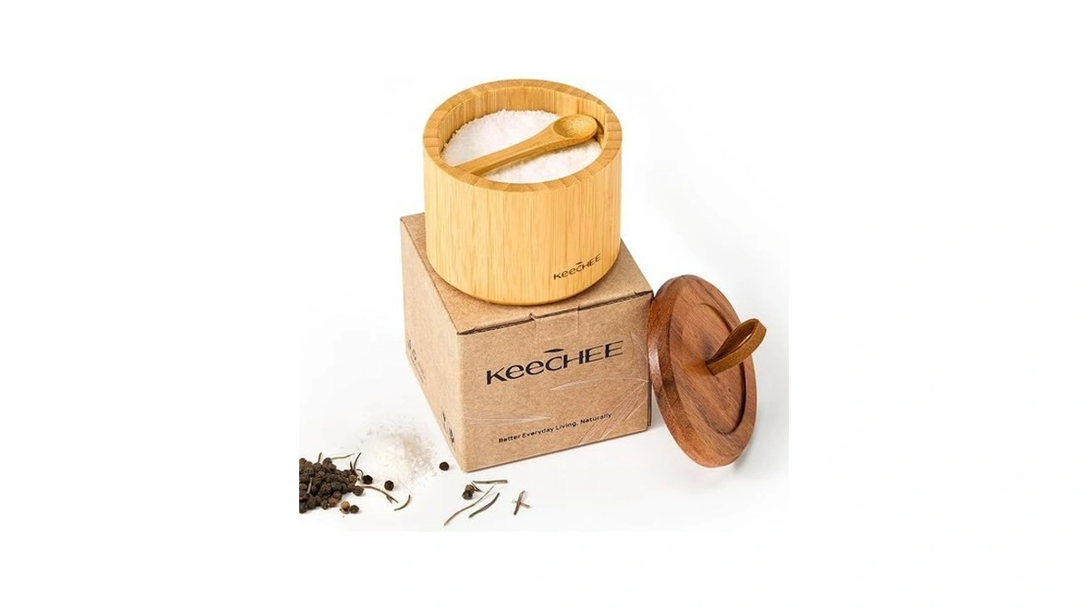 Keechee Bamboo Salt Cellar With Acacia Lid & Spoon, 7.7oz