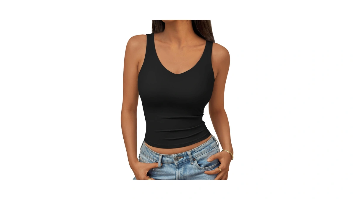 Trendy Queen Womens Black Tank Tops Double Lined Crop V
