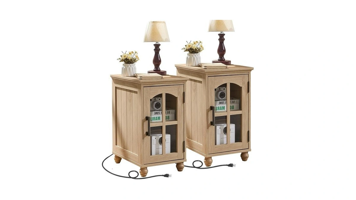 Narrow Side Table Set Of 2,farmhouse Nightstand With Charging Station,end