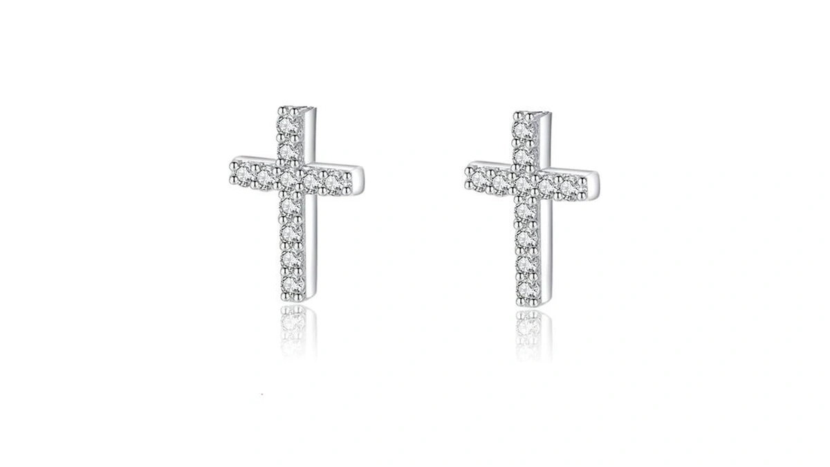 Small Cross Earrings, Tiny Cubic Zirconia Cross Studs Earrings, Simple