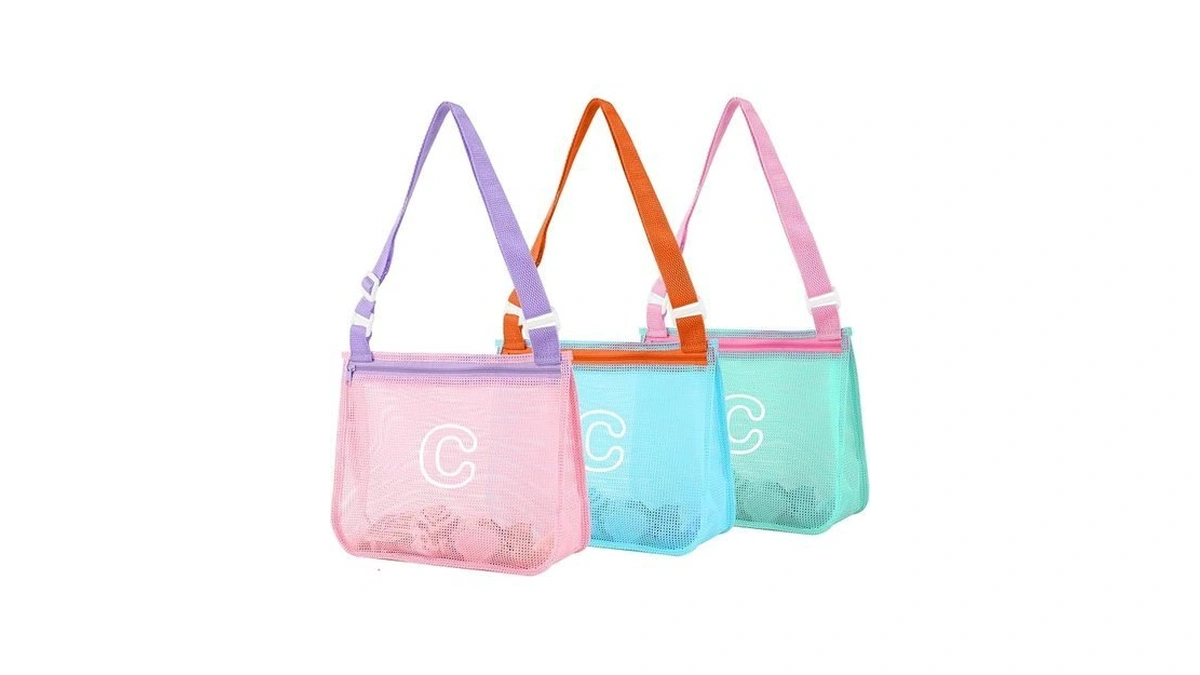 3pcs Personalized Kids Beach Shell Bag, Initial Seashell Mesh Zipper
