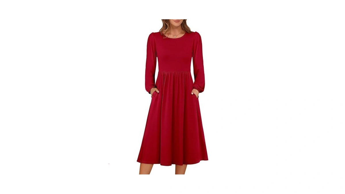 Anrabess Women Long Sleeve Casual Midi Dress, Bright Red, S