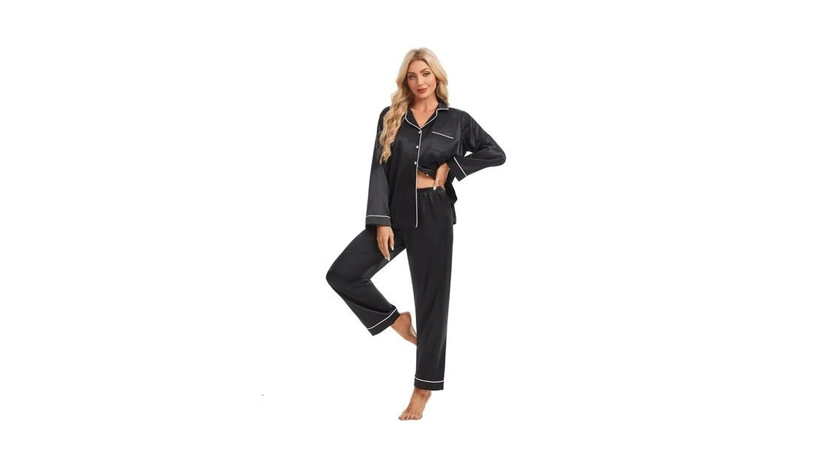 Devirld Women's Classic Long Sleeve Satin Pajamas Set Button Down