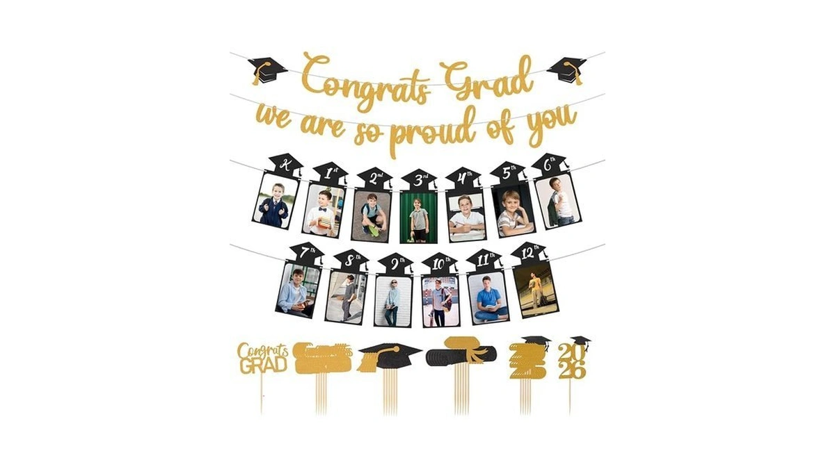 Glitter Black Gold Graduation Photo Banner For 2026 Graduation Party