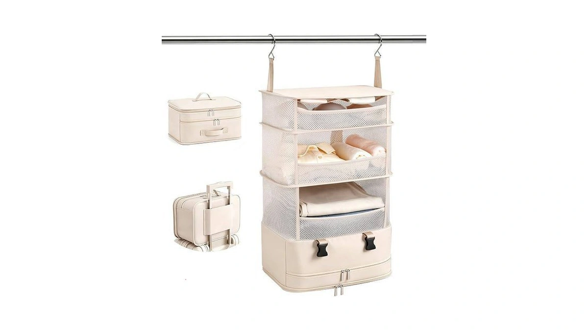 Hanging Closet Organizer, Foldable Beige Mesh Shelves With Zipper Bag