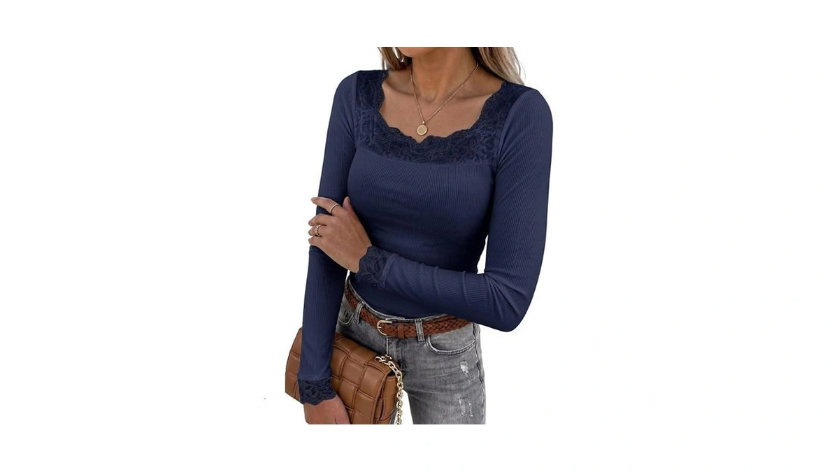 Dokotoo Womens Tops Lace Long Sleeve T Shirts Ribbed Knit