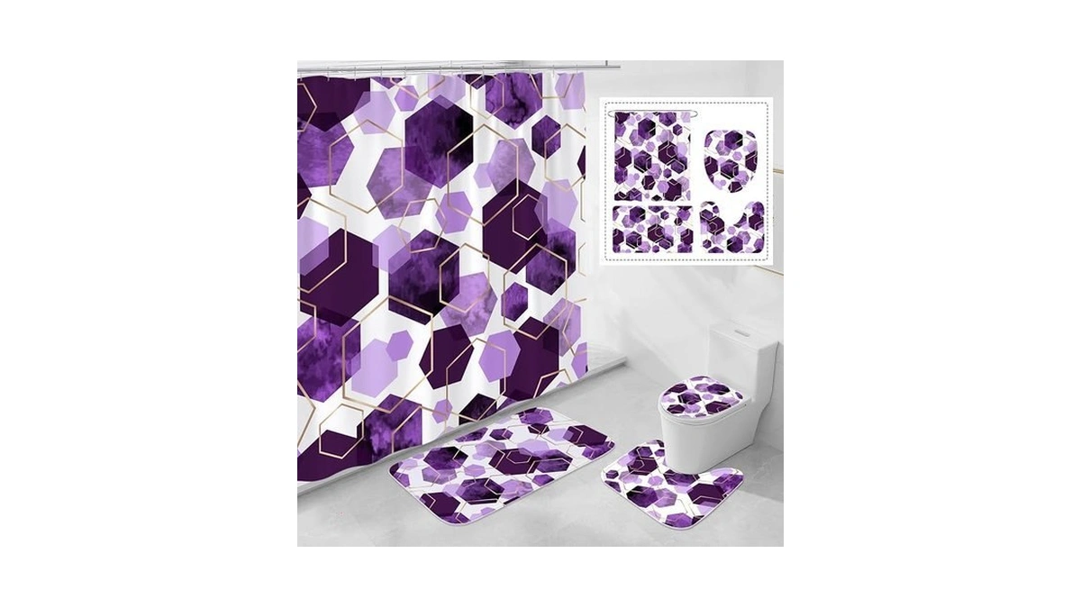 Litabel 4 Pcs Purple Modern Geometric Shower Curtain Set With