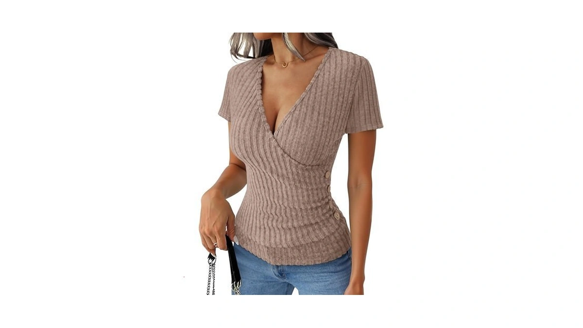 Anrabess Women Short Sleeve V Neck Shirts,tan,m