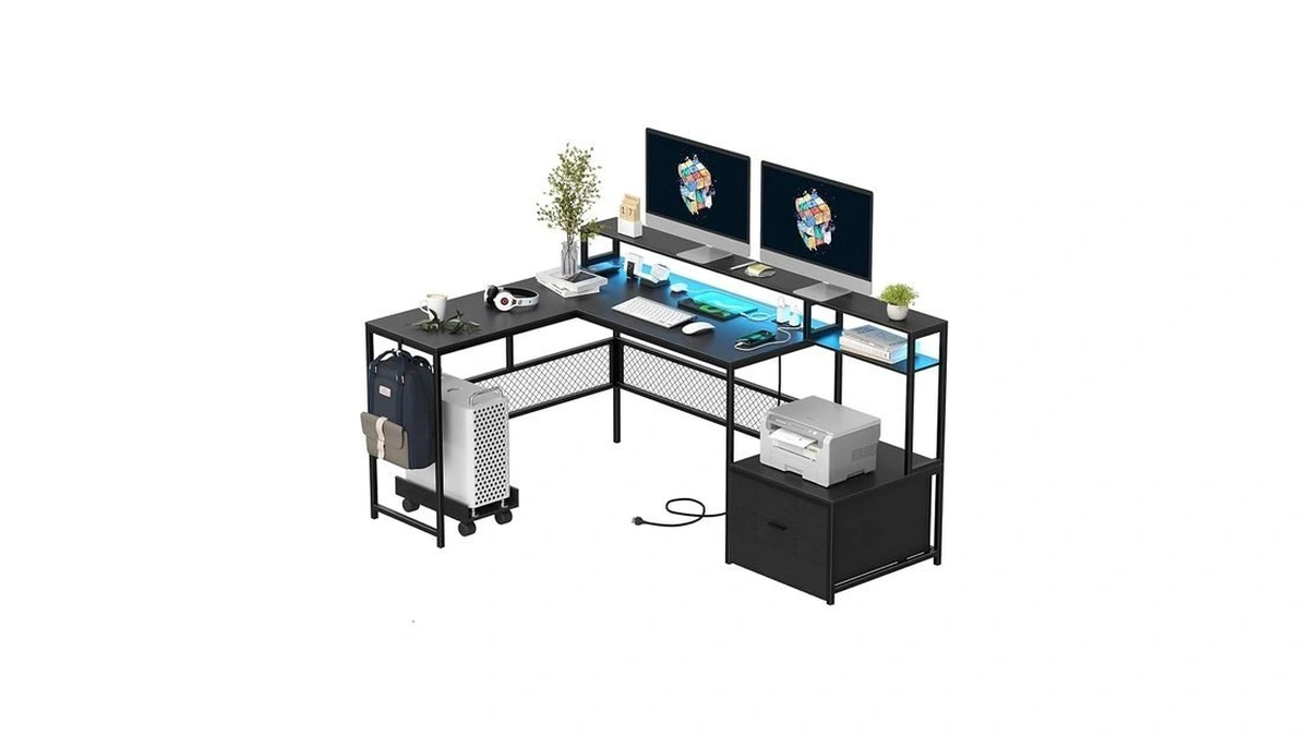 Ayeasy L Shaped Desk With Drawers, 66" Home Office Desk