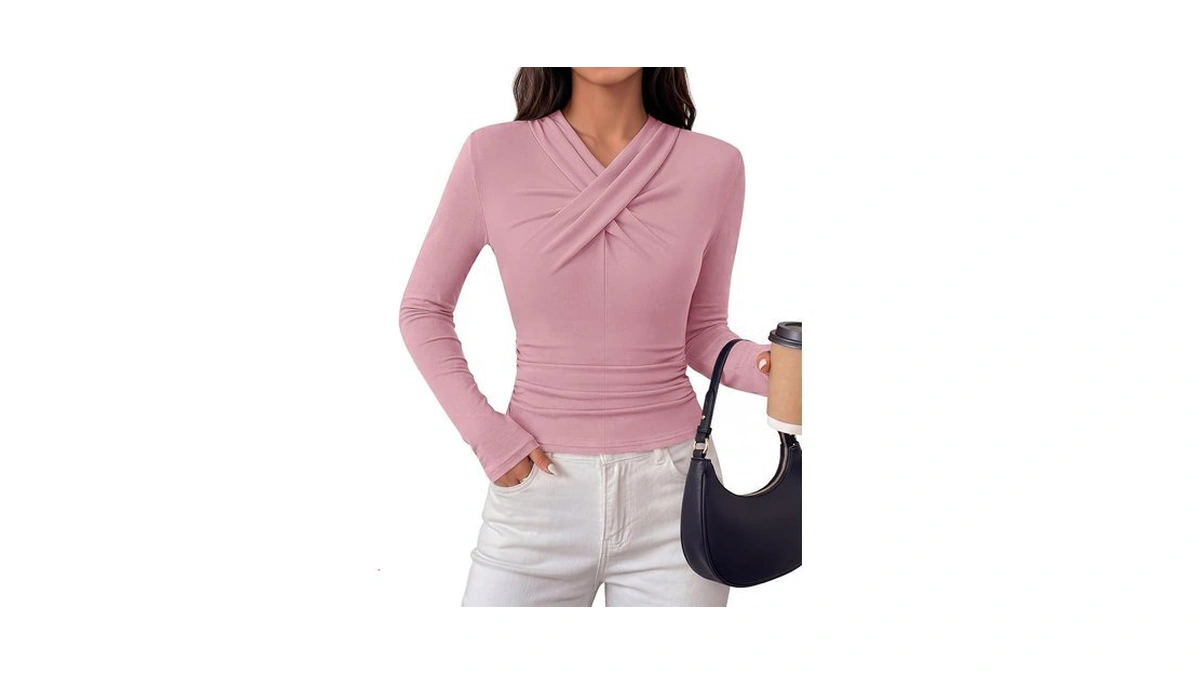 Merokeety Womens Business Casual Long Sleeve Tops Trendy, Pink, Large