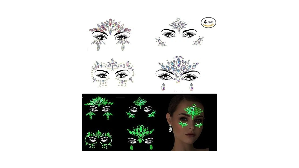 Glows Face Gems Jewels, 4 Pack Noctilucent Stickers Glow In