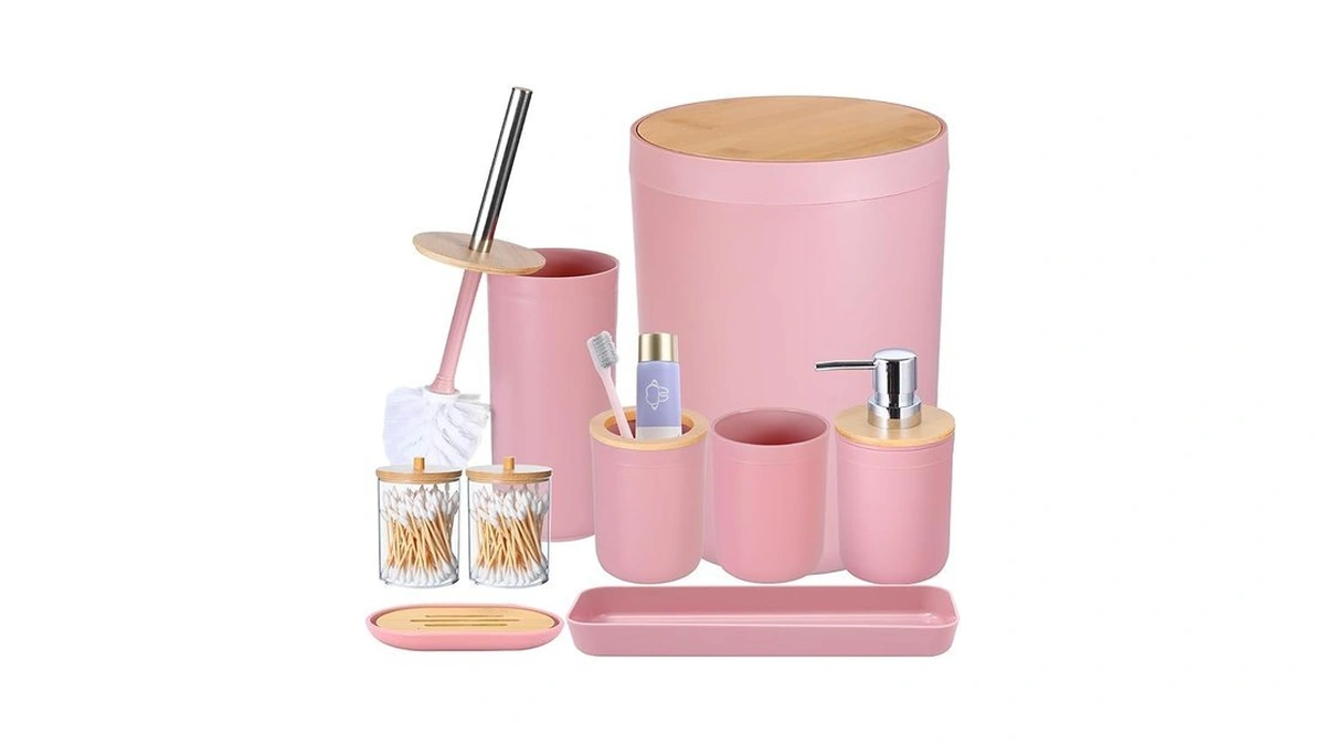 Imucci 9pcs Pink Bathroom Accessories Set - With Trash Can,toilet