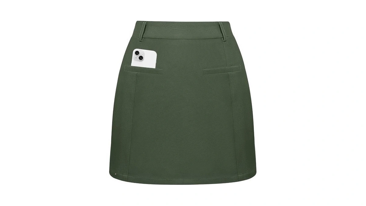 Women Green Fall Mini Pencil Skirt With Shorts, High Waisted