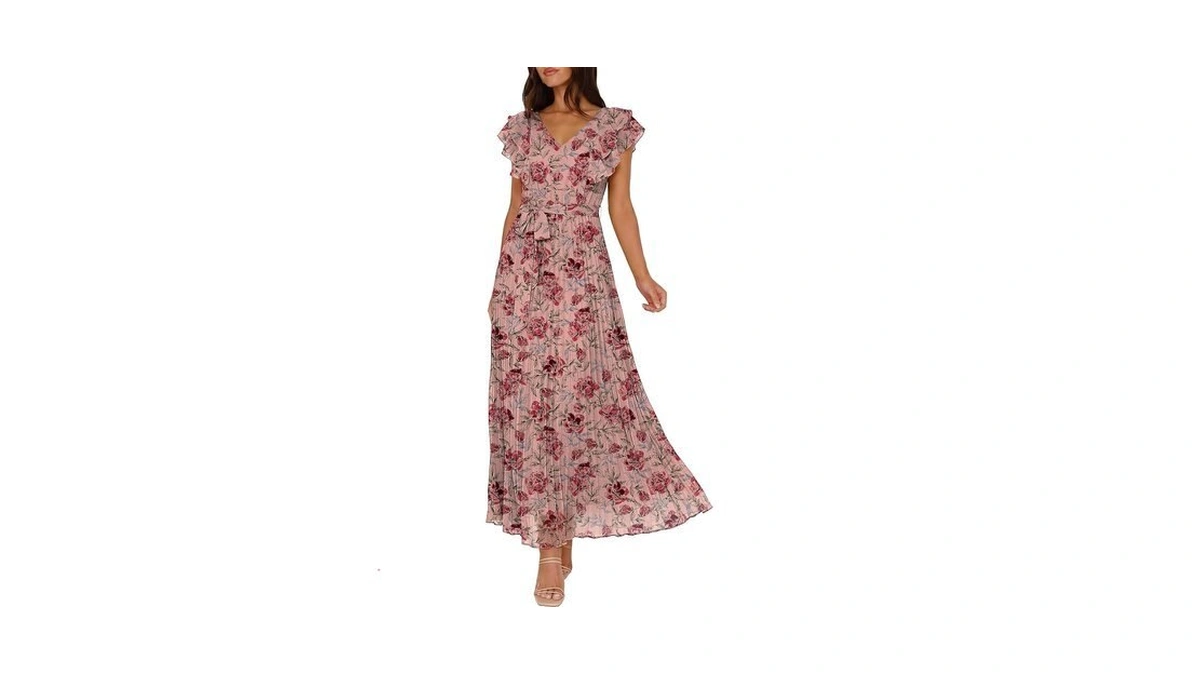 Anrabess Women Floral Pleated Maxi Dresses Summer V Neck Ruffle