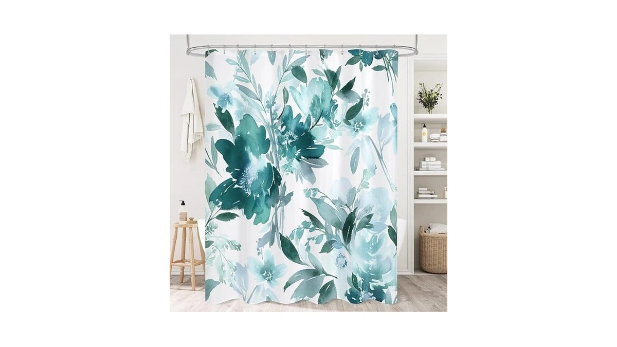 Litabel Teal Watercolor Floral Shower Curtain, Plant Leaves With Flower