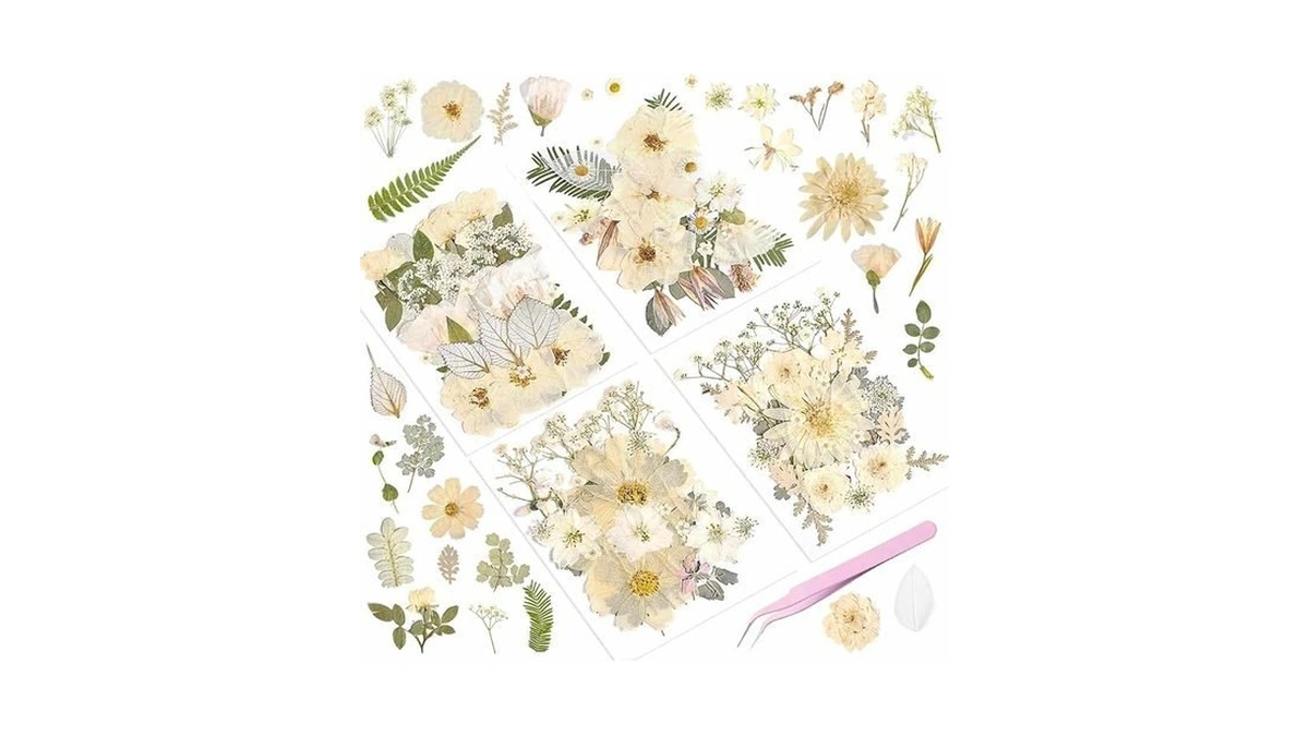Yuboo 98pcs White Pressed Flowers For Resin, Summer Dried Flower