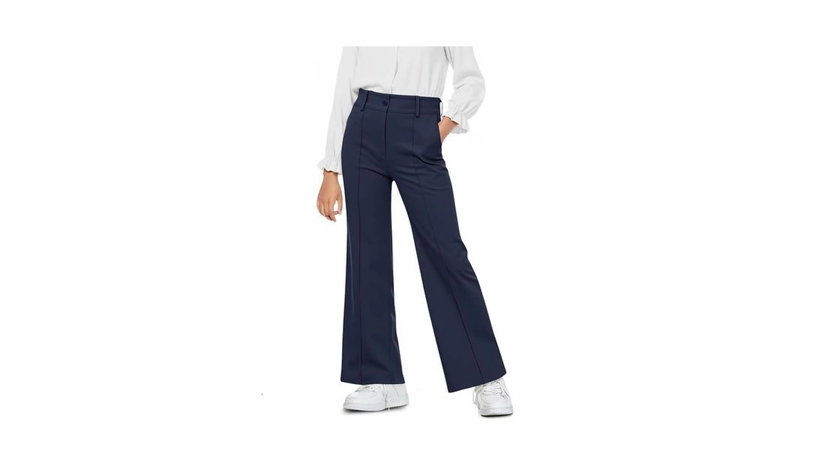 Haloumoning Girls Wide Leg Uniform Pants Kids Elastic High Waist