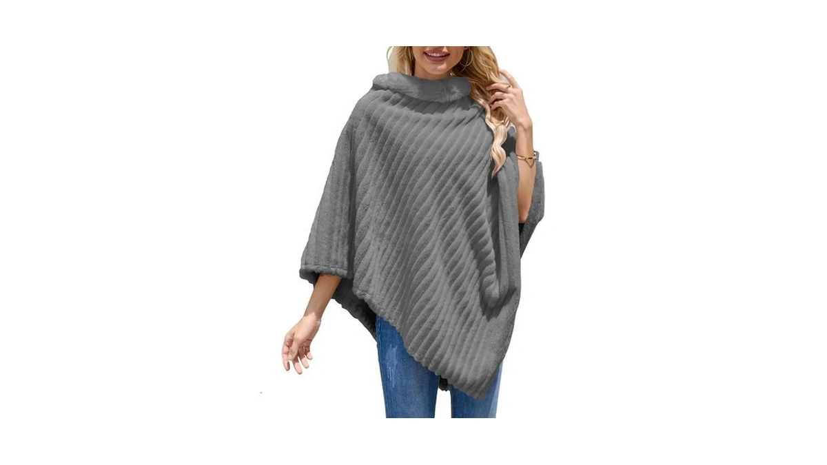 Ferand Women's Cozy Striped Faux Fur Poncho Sweater Soft Fuzzy