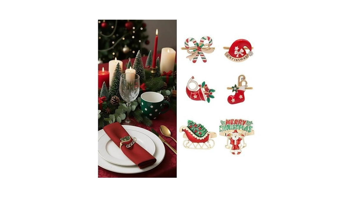 Joiverie Christmas Napkin Rings Set Of 6, Gold Metal Napkins