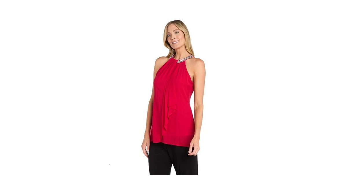 R&m Richards Women's Elegant Embellished Scarf Halter Top W/front Cascade