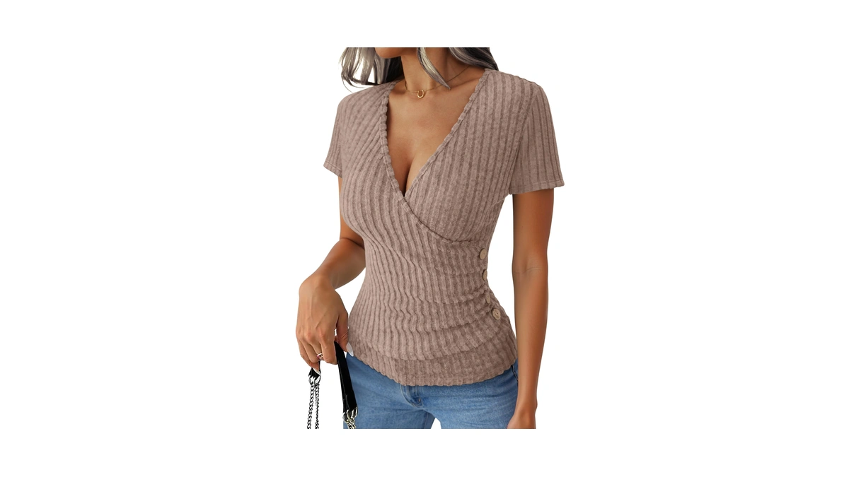 Anrabess Women Short Sleeve V Neck Shirts,tan,m