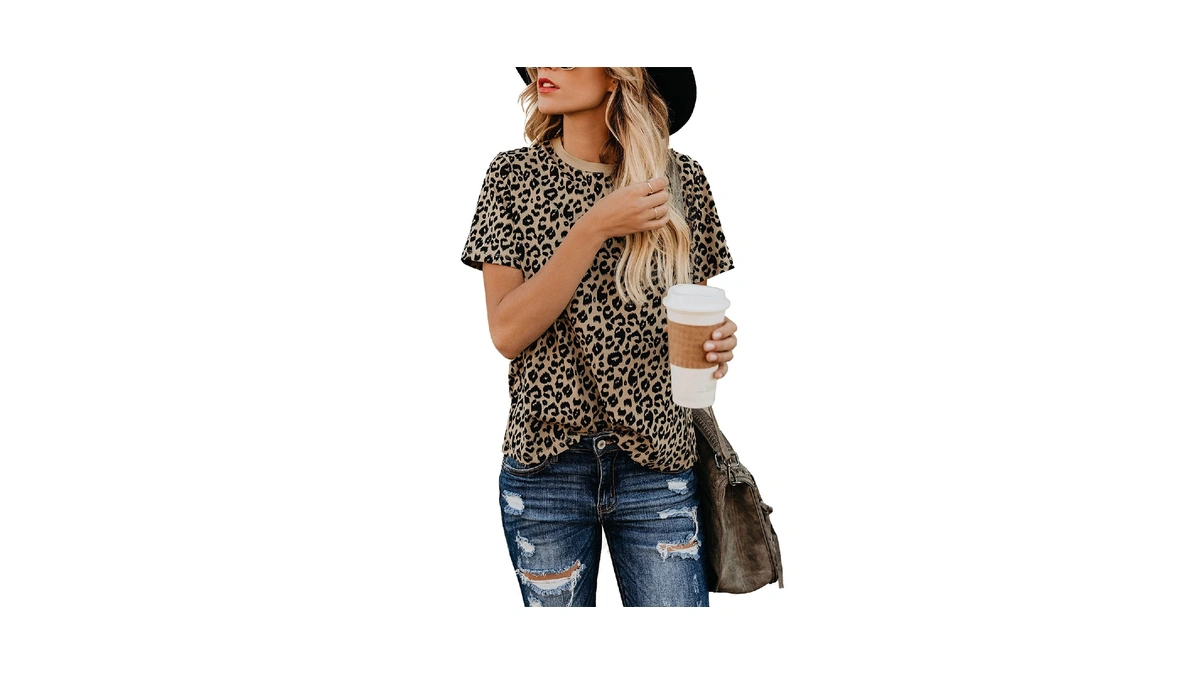 Blooming Jelly Womens Leopard Print Tops Short Sleeve Round Neck